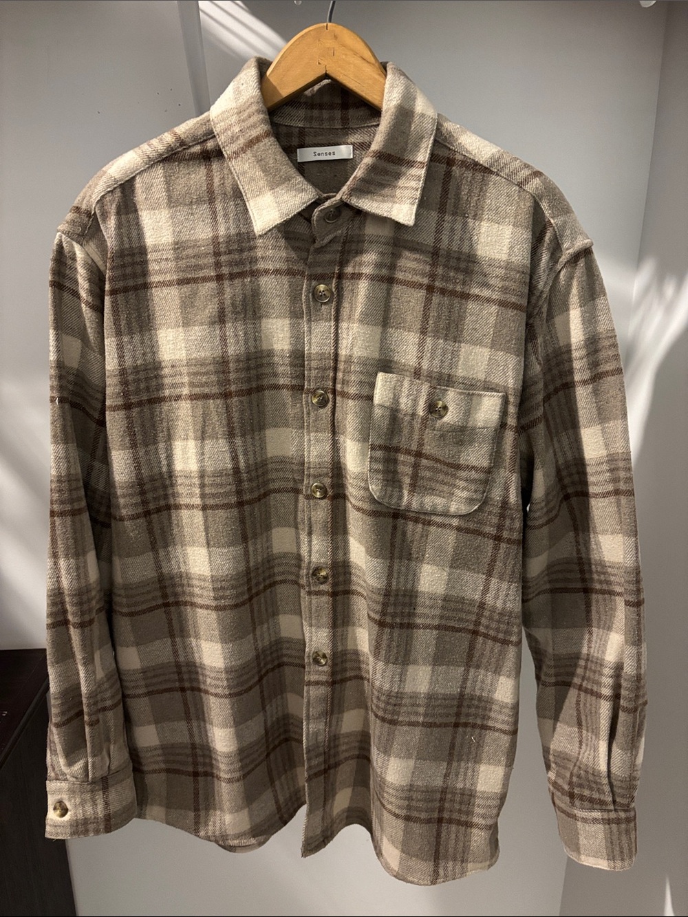 Senses Plaid Shirt Jacket Overshirt Beige Brown Check Cotton Blend L